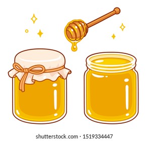 Hand drawn cartoon style honey set. Glass jar with lid cover tied with string. Wooden dipper spoon with dripping liquid honey. Isolated vector clip art illustration.