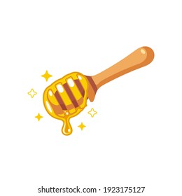 Hand drawn cartoon style honey dipper. Wooden spoon with dripping liquid honey. Isolated clip art illustration