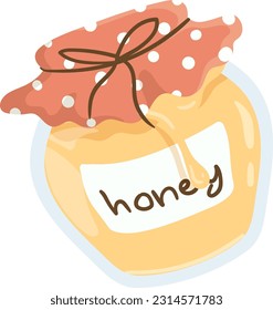 Hand drawn cartoon style honey set. Glass jar with lid cover tied with string. Cute illustration, vector, sticker, clipart, flat design, honeycomb icon, doodle art for wallpaper, poster, banner, logo