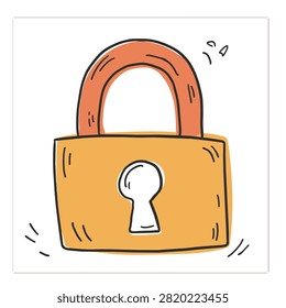 Hand drawn cartoon style illustration of a yellow padlock with an orange shackle isolated on a white background