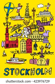 A hand drawn, cartoon style illustration of Stockholm, Sweden.