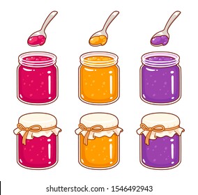 Hand drawn cartoon style jam jars set. Raspberry, apricot and grape jelly, traditional homemade fruit preserves. Isolated vector clip art illustration. - Shutterstock ID 1546492943