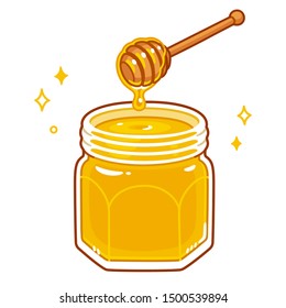 Hand drawn cartoon style jar of honey with dipper. Wooden spoon with dripping liquid honey. Isolated vector clip art illustration.