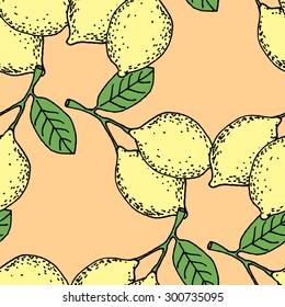 Hand drawn cartoon style lemon branch vector seamless texture