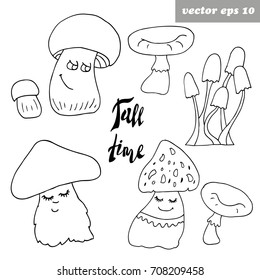 Hand drawn cartoon style outlined mushrooms with funny faces. Vector illustration for your designs. Poster, print, fabric, book decoration, calendar.