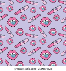 hand drawn cartoon style pink seamless background with lips and lipstick