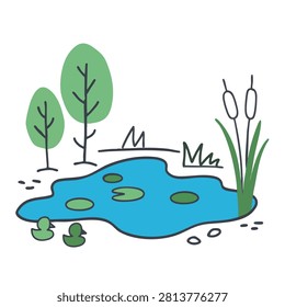 A hand drawn cartoon style pond scene featuring blue water lily pads cattails and two small green ducks