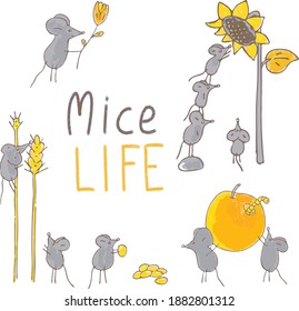Hand drawn cartoon style set of cute vector mice harvesting