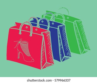 Hand drawn cartoon style shopping bags design