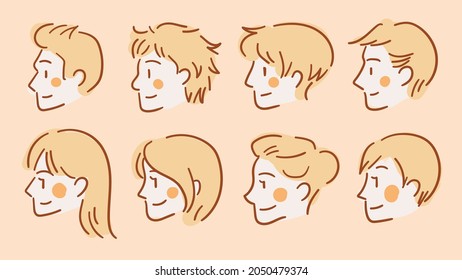 Handgezeichnete Seitenansicht-Zeichen im Cartoon-Stil, Set, farbige Vektorgrafik
