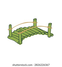 A hand drawn cartoon style small wooden bridge made of logs with simple rope railings isolated on white background