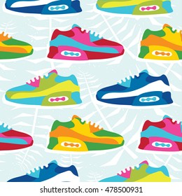 Hand drawn cartoon style sneaker shoes vector seamless pattern