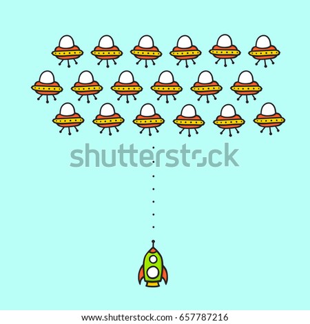 Hand drawn cartoon style ufo arcade game concept. Rocket in space against aliens ships comic mobile game level.