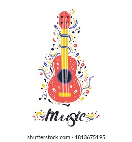 Hand drawn cartoon style ukulele with notes, ribbons  and lettering text around it. Small guitar, string music instrument. Bright, colorful, abstract design for poster, t-shirt, banner, card, cover.