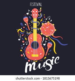 Hand drawn cartoon style ukulele or small guitar, maracas and tambourine with notes and ribbons around it. Lettering text - Music Festival.Bright, colorful, abstract design for poster, t-shirt, banner