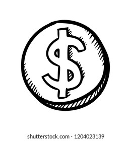 Hand drawn cartoon style vector illustration of a coin with the dollar symbol isolated on white background