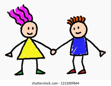 Hand drawn cartoon style vector illustration of hand in hand children couple in love