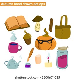 Hand drawn cartoon styled autumn objects (set) isolated on white background: book, mushroom, cinnamon, basket, mug with steam, acorn, pumpkin in mask, teapot, ink and pen, marshmallow, candle, jar.