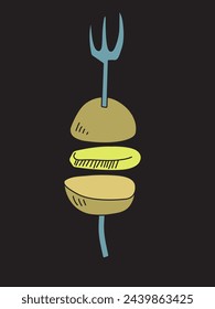 Hand drawn cartoon styled burger or potato on the fork, with cutlet in the middle. Black backdrop. Vector illustration. 