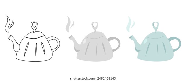 Hand drawn cartoon styled pot (teapot) with steam in three versions (variants): outline, shades of grey, color. Isolated on white background (backdrop). Drinks. Objects. Vector illustration.