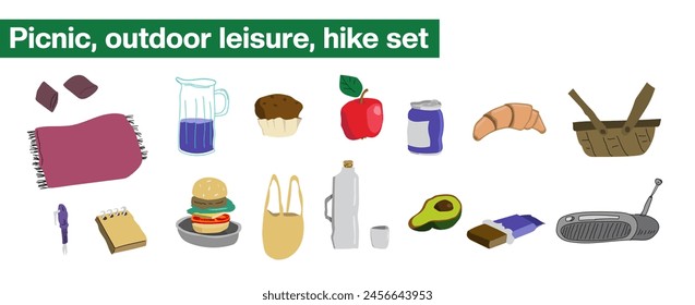 Hand drawn, cartoon styled set for picnic, hike or outdoor leisure, that includes:  blanket, pillows, pen, paper notebook, jar, burger with separated components and other components - see keywords. 