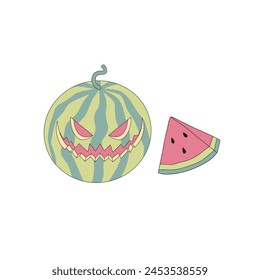 Hand drawn cartoon summer Halloween sweets watermelon with scary face vector illustration isolated on white. Retro groovy line art drawing style October 31st party trick or treat event Halloween on