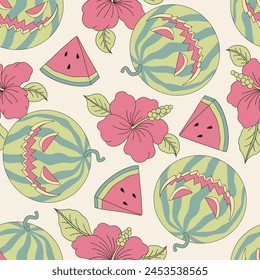 Hand drawn cartoon summer Halloween sweets watermelon with scary face and hibiscus flowers vector seamless pattern. Retro groovy line art drawing style October 31st party trick or treat event