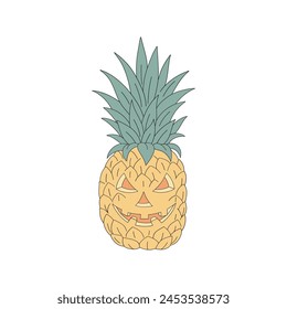 Hand drawn cartoon summer Halloween sweets and treats pineapple with scary face vector illustration isolated on white. Retro groovy line art drawing style October 31st party trick or treat event