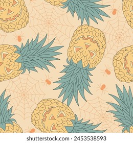 Hand drawn cartoon summer Halloween sweets and treats pineapple with scary face and spider cobweb vector seamless pattern. Retro groovy line art drawing style October 31st party trick or treat event