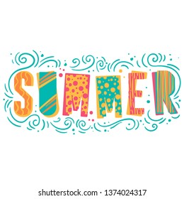 Hand drawn cartoon summer lettering. Hello Summer with different elements.