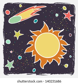 Hand drawn cartoon sun, comet and stars. Childish doodle space illustration. Vector illustration.