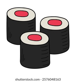 Hand drawn cartoon sushi rolls isolated on white background. Vector illustration.