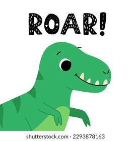 Hand drawn cartoon t rex. Cute dino with the phrase roar. Print for a poster, greeting card or t shirt