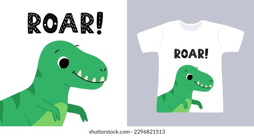 Hand drawn cartoon t rex. Cute dino with the phrase roar. Print for a t shirt with mock up.