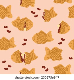 Hand drawn cartoon taiyaki vector, a Japanese dessert filled with sweet Azuki red beans paste. Seamless background pattern isolated of street food illustration. Bungeoppang, a fish shaped bread.