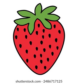 Hand drawn cartoon tasty and juicy strawberry with green leaf isolated on white background. Vector illustration.