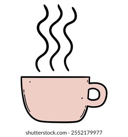 Hand drawn cartoon tea coffee cup with steam icon isolated on white background. Vector illustration.