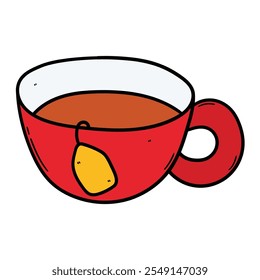 Hand drawn cartoon teabag in red tea cup isolated on white background. Vector illustration.