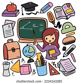 Hand Drawn Cartoon Teacher with School Supplies