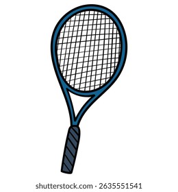 Hand drawn cartoon tennis racket isolated on white background. Vector illustration.