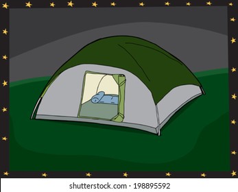 Hand drawn cartoon tent with open door and border