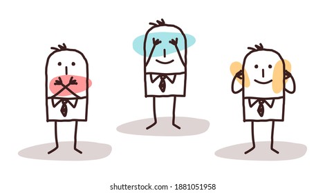 Hand drawn Cartoon three Men Hiding Mouth, Eyes and Ears