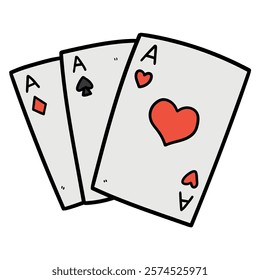 Hand drawn cartoon three playing cards aces isolated on white background. Vector illustration.