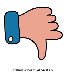Hand drawn cartoon thumb down gesture isolated on white background. Vector illustration.