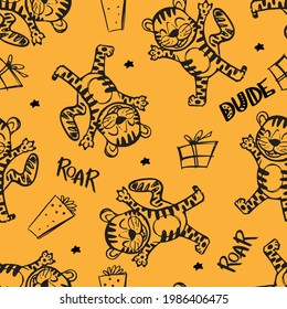 tigre de dibujos animados a mano sin costuras patrón vectorial. Para textiles para niños, papel de embalaje, impresiones