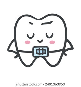 Hand drawn cartoon of a tooth wearing braces. orthodontics concept