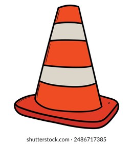 Hand drawn cartoon traffic cone isolated on white background. Vector illustration.