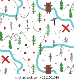 Hand drawn cartoon treaure map. Vector seamless pattern