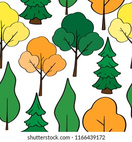 Hand drawn Cartoon Tree Seamless Pattern. Vector forest illustration of different trees on white background. Simple cartoon style. Good for design, textile, fabric paper, wallpaper, kids. Wrapping.