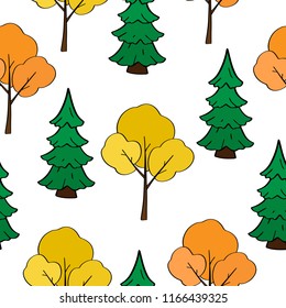 Hand drawn Cartoon Tree Seamless Pattern. Vector illustration of mixed autumn forest on white background. Ready template for design, postcards, print, poster, textile, fabric paper, kids. 